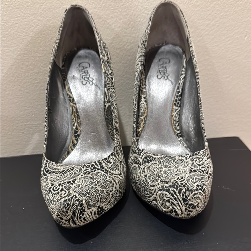 Carlos Santana Black and Silver Heels with Intricate Design GUC
